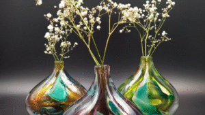Vases de Cyril John au cours de l'atelier de soufflage de verre avec un souffleur vers Paris en Ile-de-France