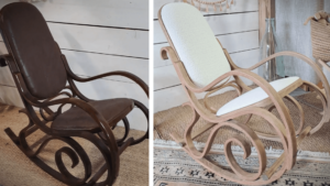 Rocking Chair avant et après une restauration et rénovation au cours du stage de relooking de meubles dans un atelier à Albi