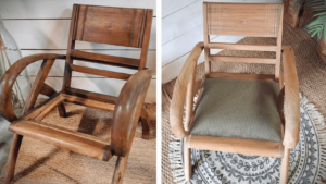 Chaise avant et après une restauration et rénovation au cours du stage de relooking de meubles dans un atelier à Albi