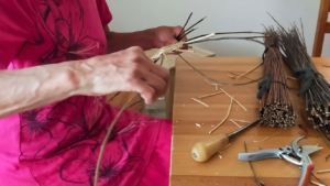 Début de panier dans l'atelier de vannerie pendant le stage avec un vannier