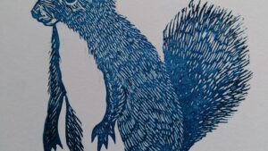 Gravure d'écureuil faite pendant le stage linogravure à Tarbes