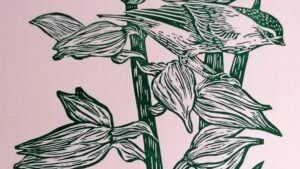 Gravure en forme d'oiseau pendant le stage de linogravure à Tarbes