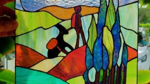 Paysage stage de vitrail Tiffany et plomb