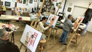 Stagiaires et élèves pendant l'atelier et le stage de peinture vers Perpignan